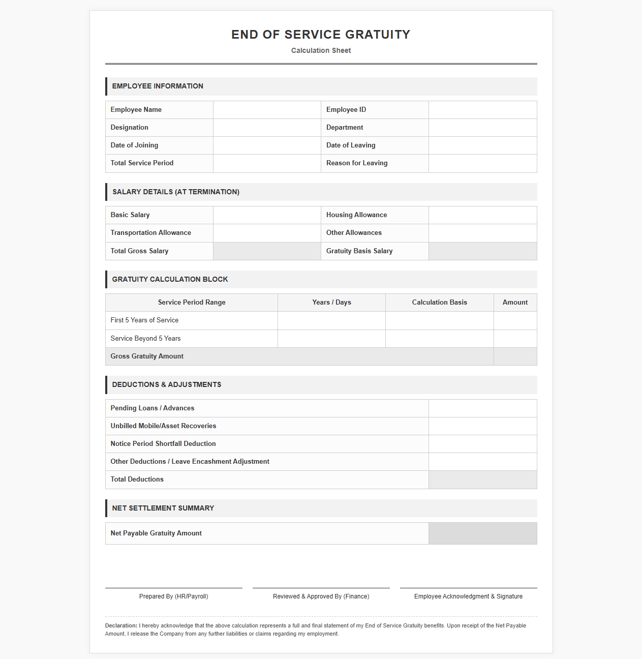 End of Service Gratuity Calculation Sheet