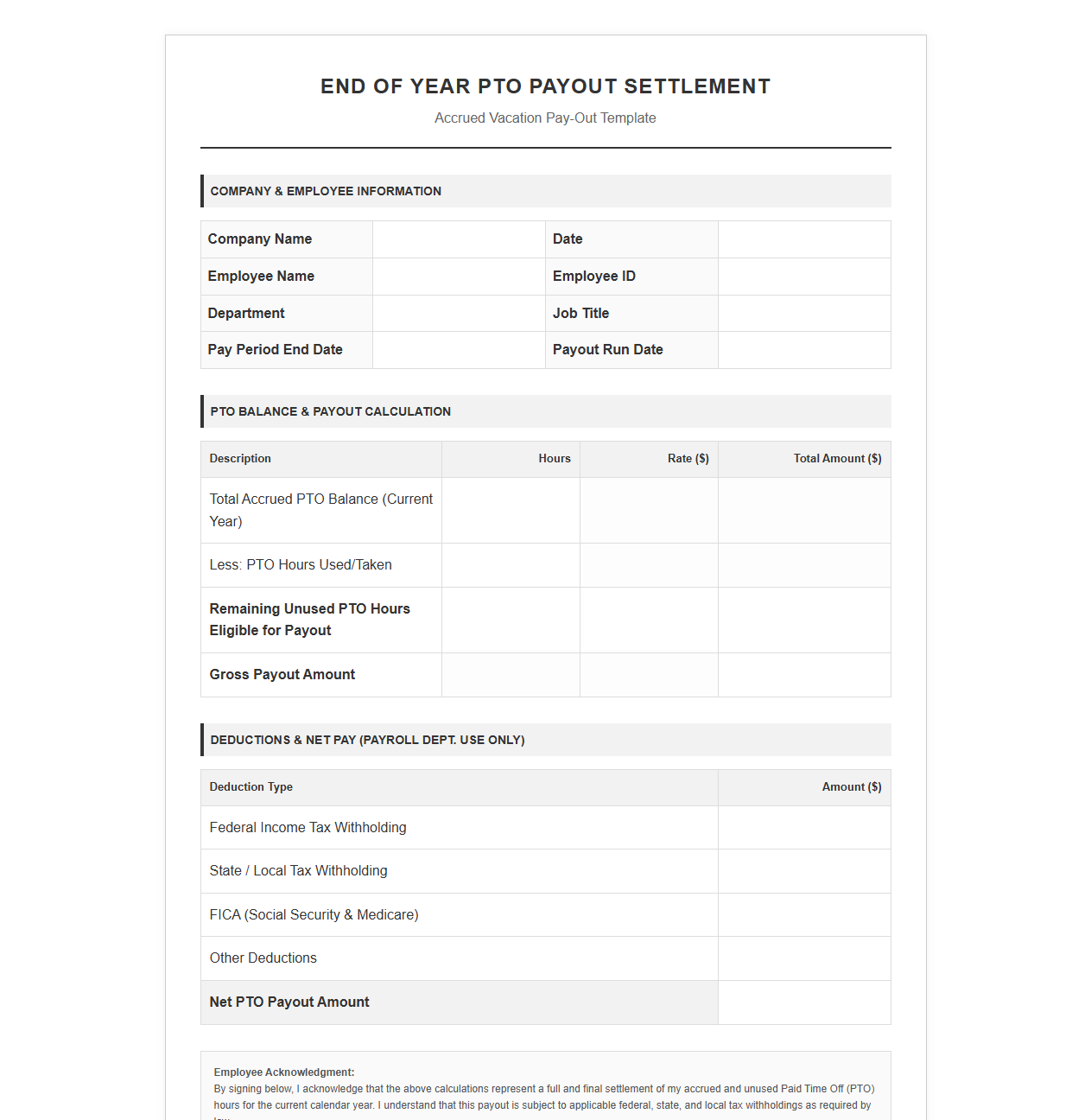 End of Year PTO Payout Settlement Template