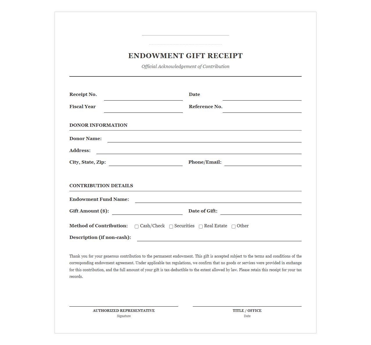 Endowment Gift Acknowledgement and Receipt Form