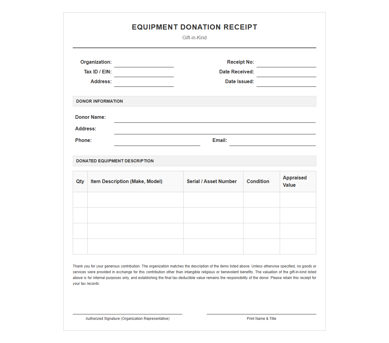 Equipment Gift-in-Kind Donation Receipt