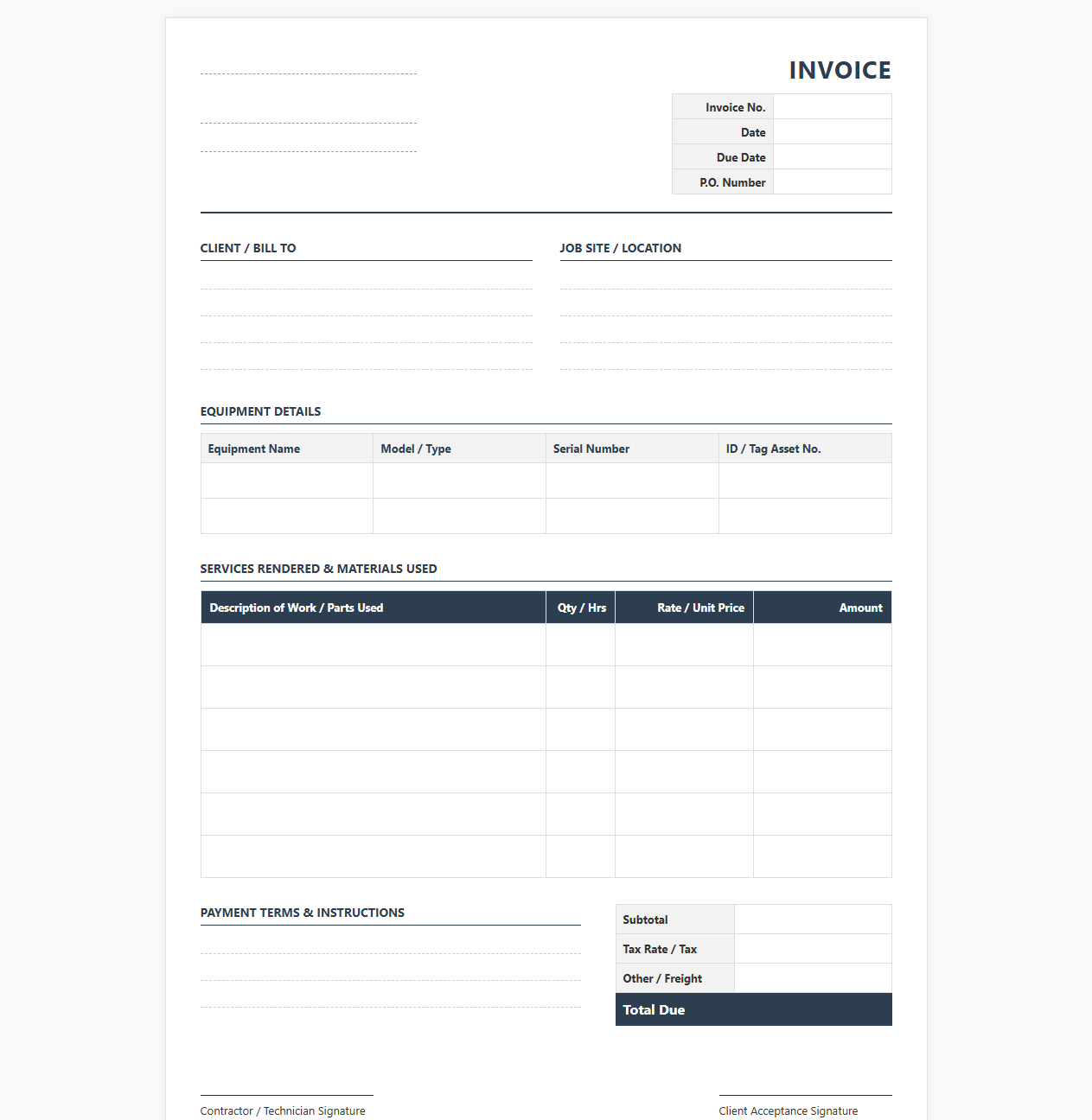 Equipment Maintenance Contractor Invoice Template