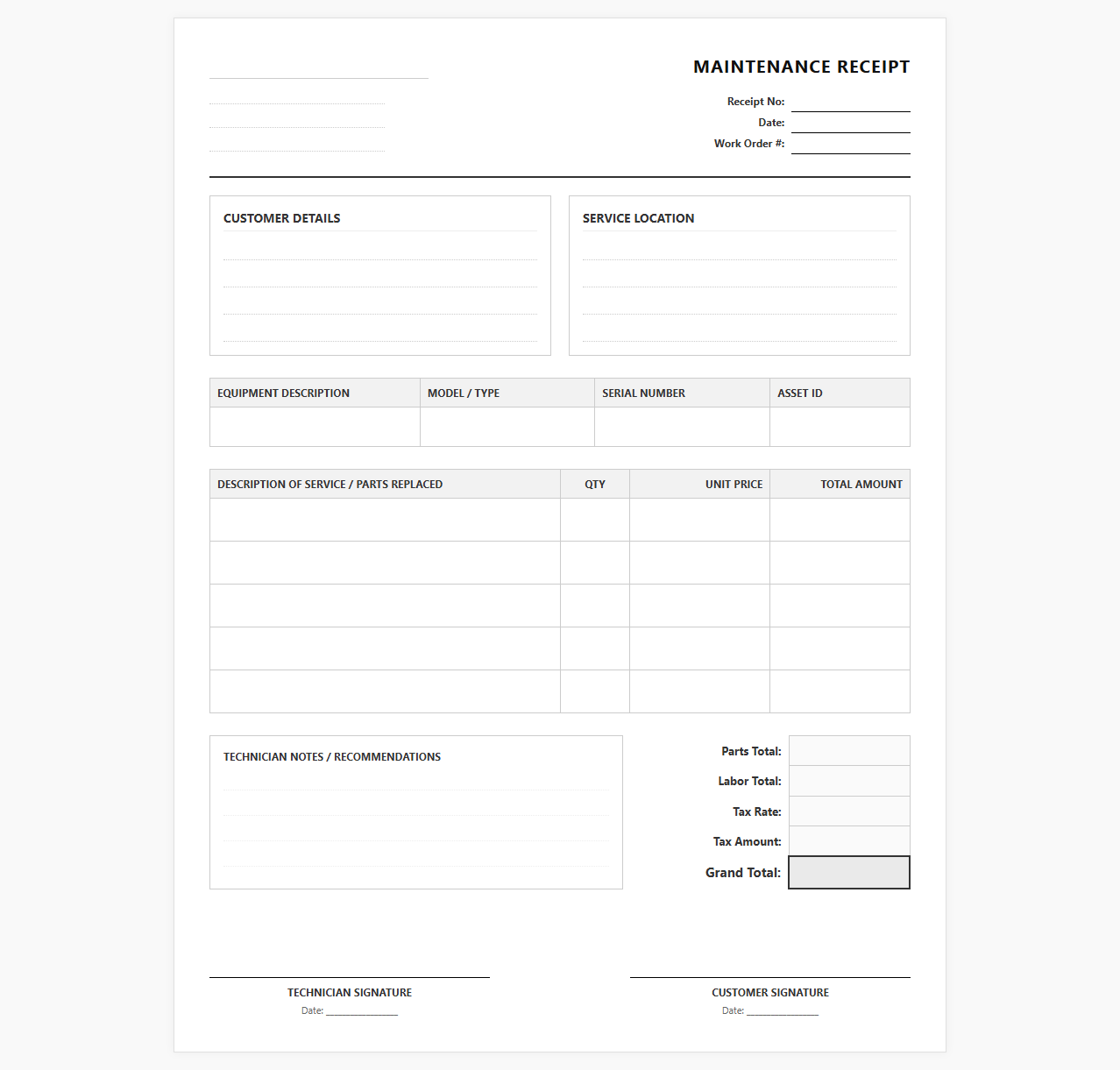 Equipment Maintenance Service Invoice Receipt