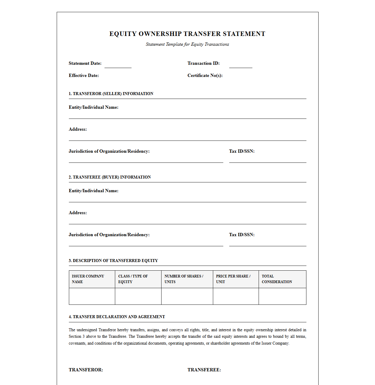 Equity Ownership Transfer Statement Form