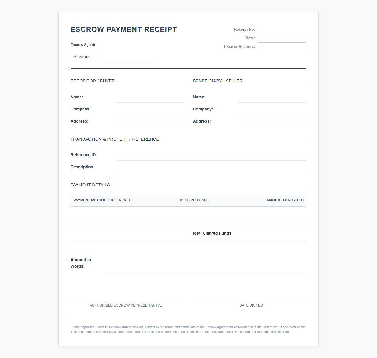 Escrow Payment Confirmation Receipt Document