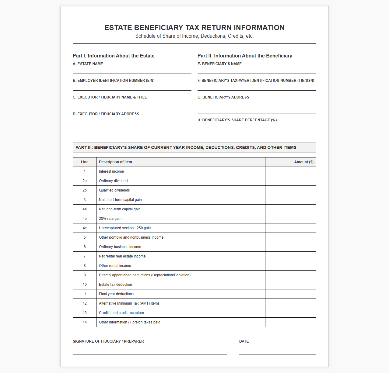 Estate Beneficiary Tax Return Information Template