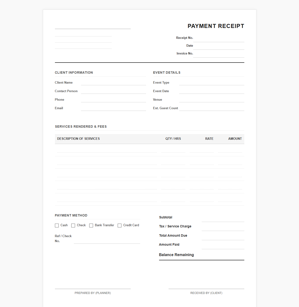 Event Planner Invoice and Payment Receipt