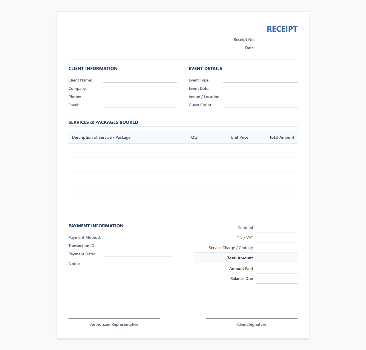Event Services Booking and Payment Receipt