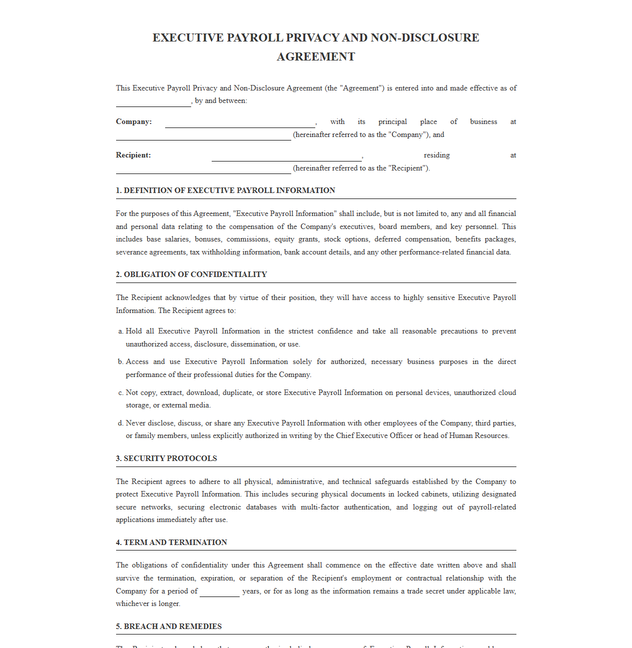 Executive Payroll Privacy and Non-Disclosure Agreement