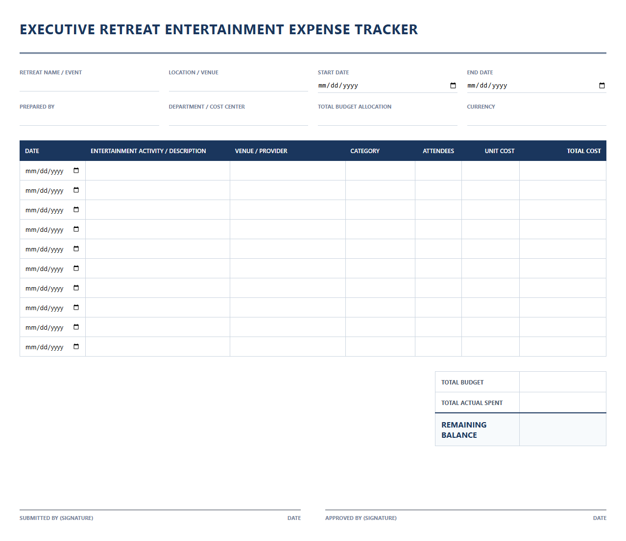 Executive Retreat Entertainment Expense Tracker