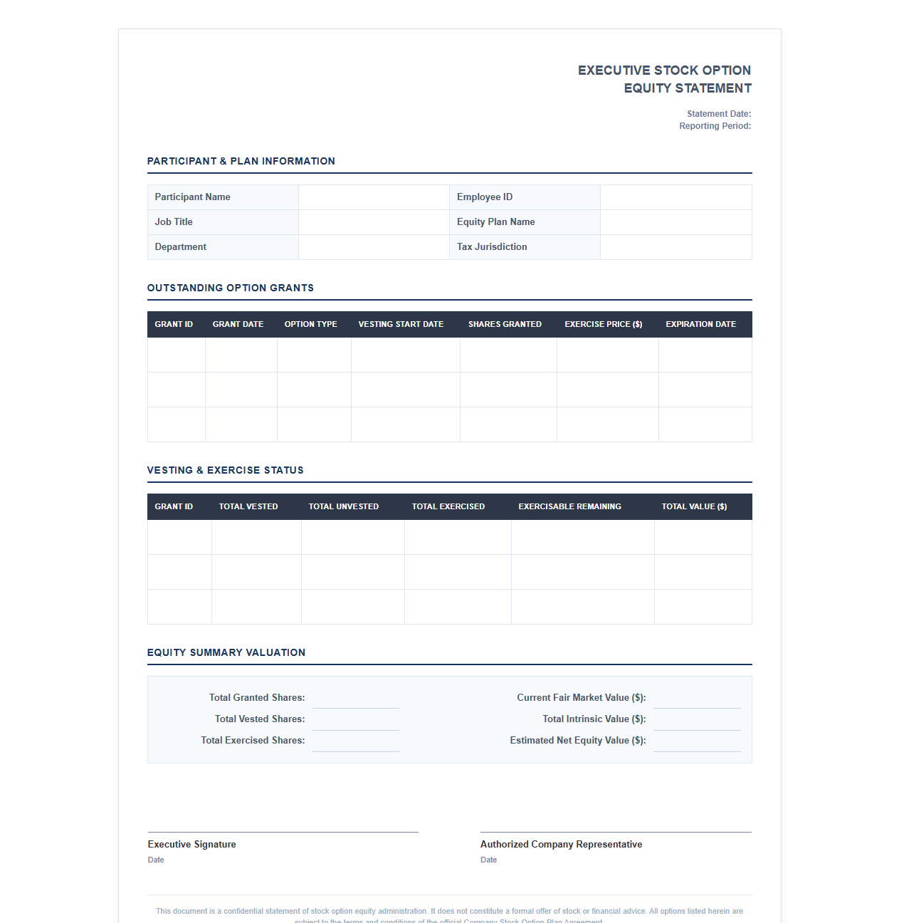 Executive Stock Option Equity Statement Form