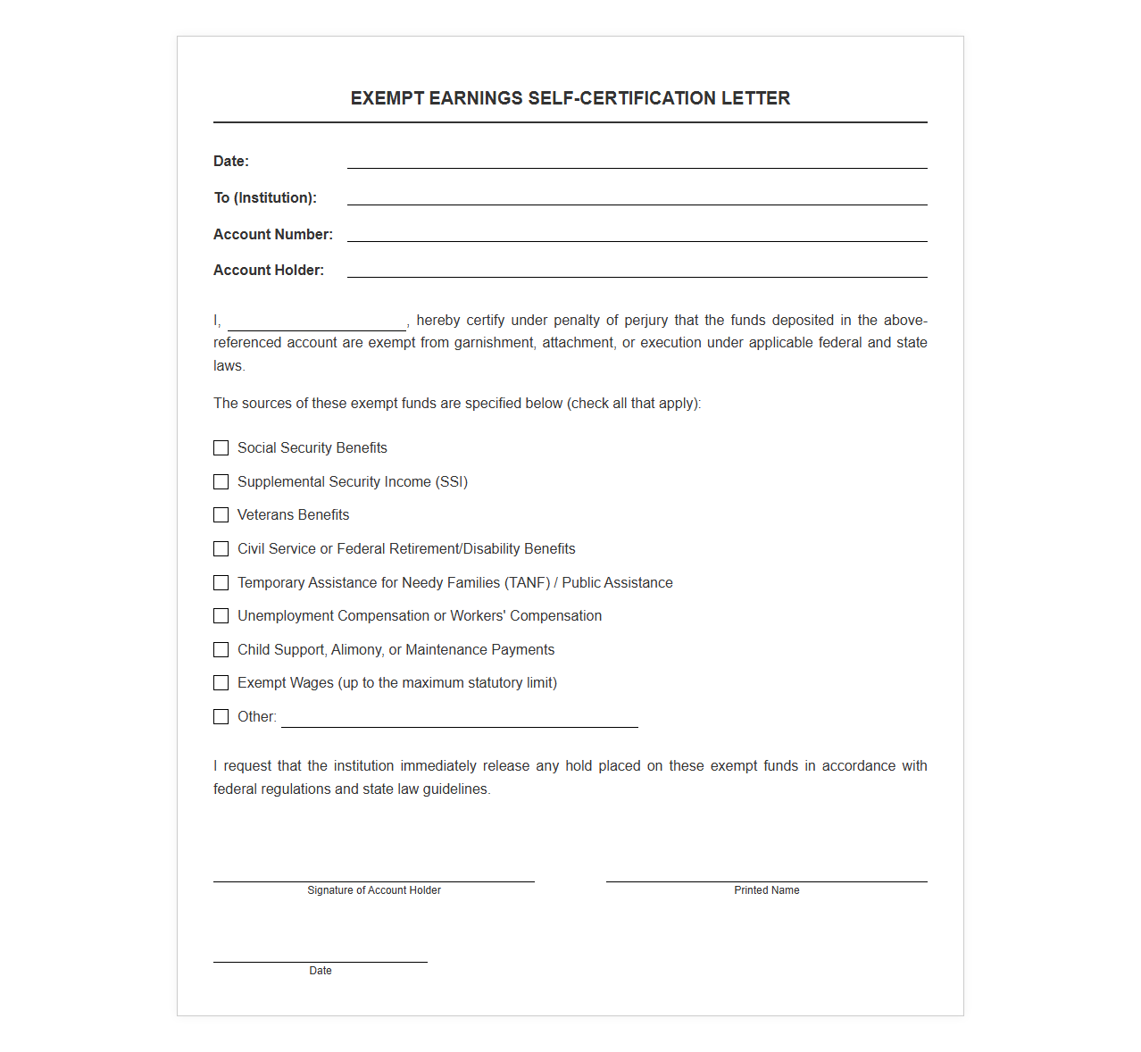 Exempt Earnings Self-Certification Letter
