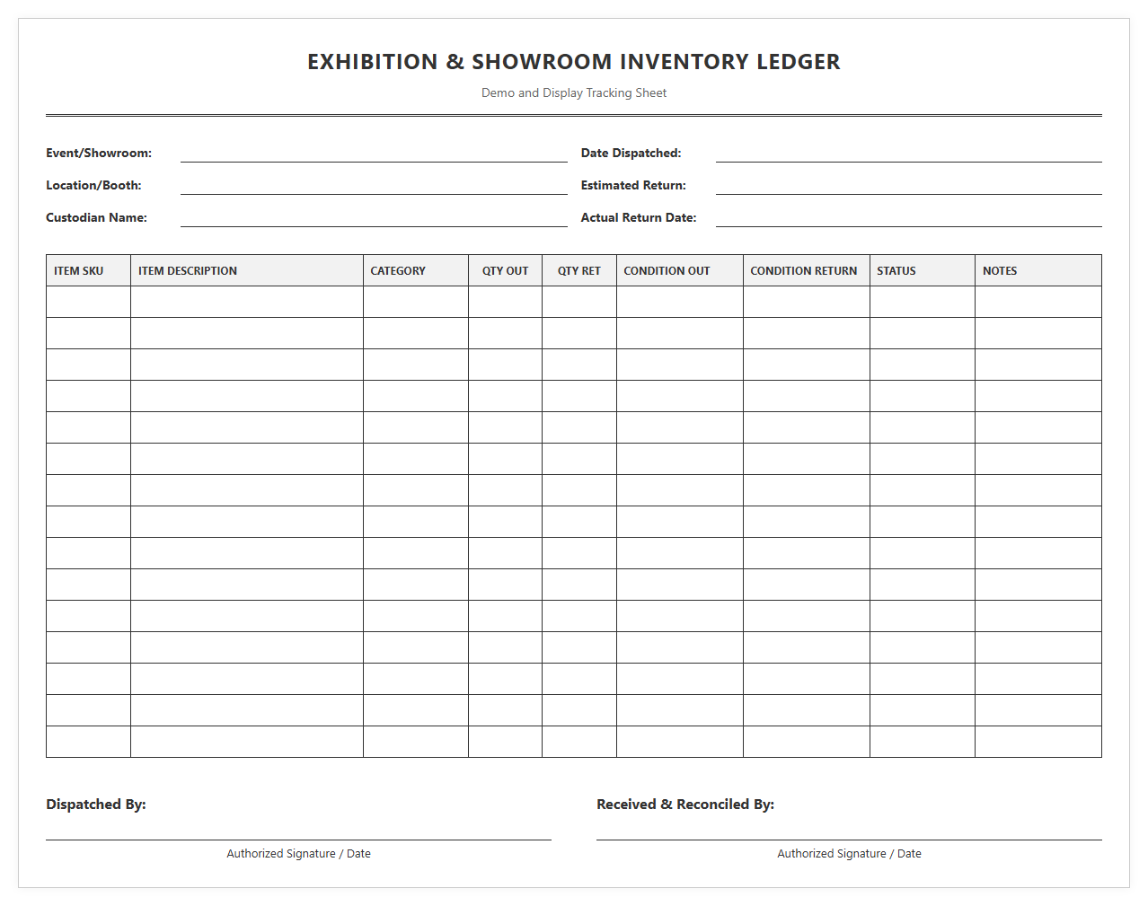 Exhibition and Showroom Inventory Ledger Template