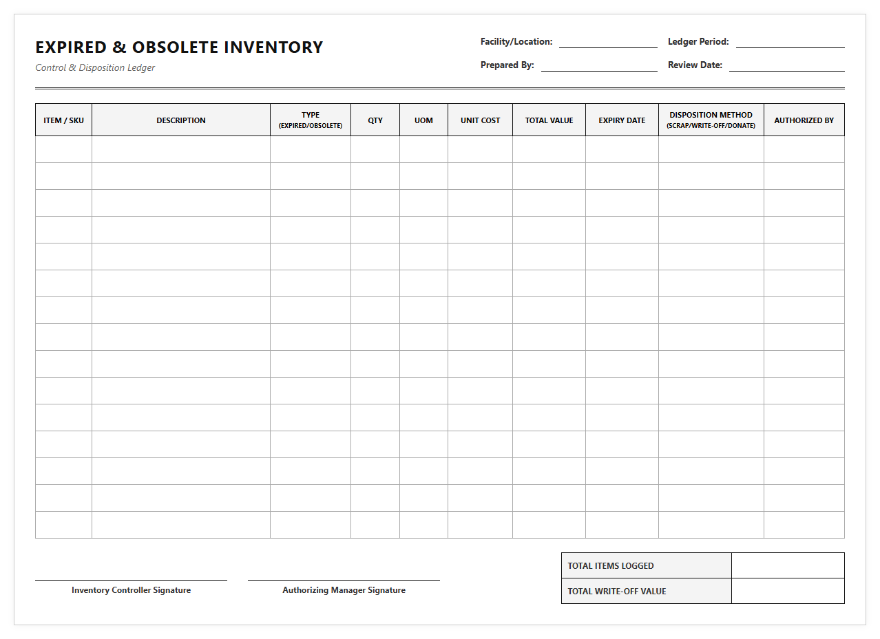 Expired and Obsolete Inventory Control Ledger