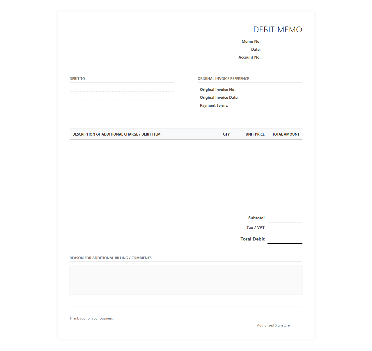 Extra Charge Debit Memo Template