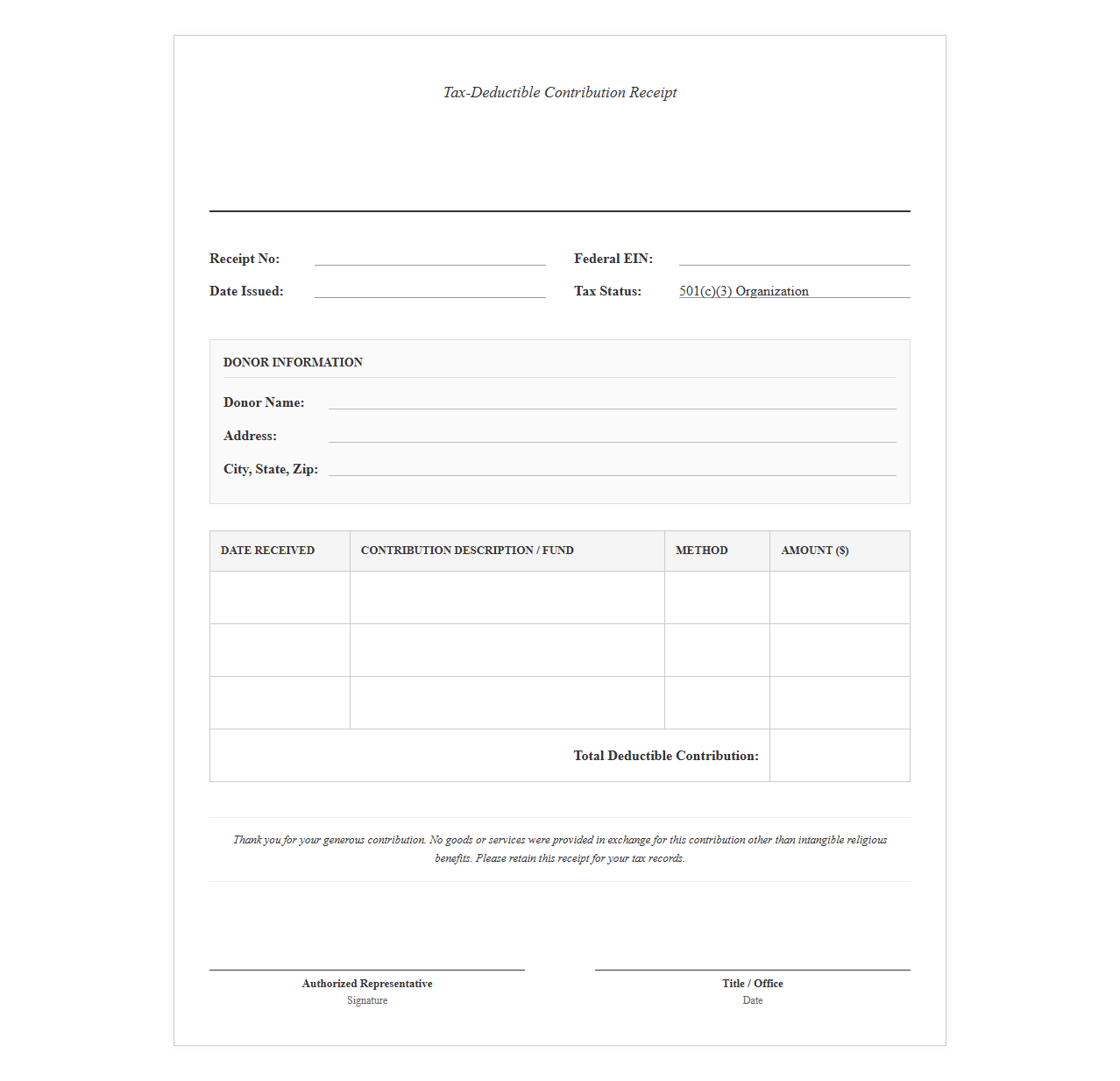 Faith-Based Organization Tax Deductible Receipt
