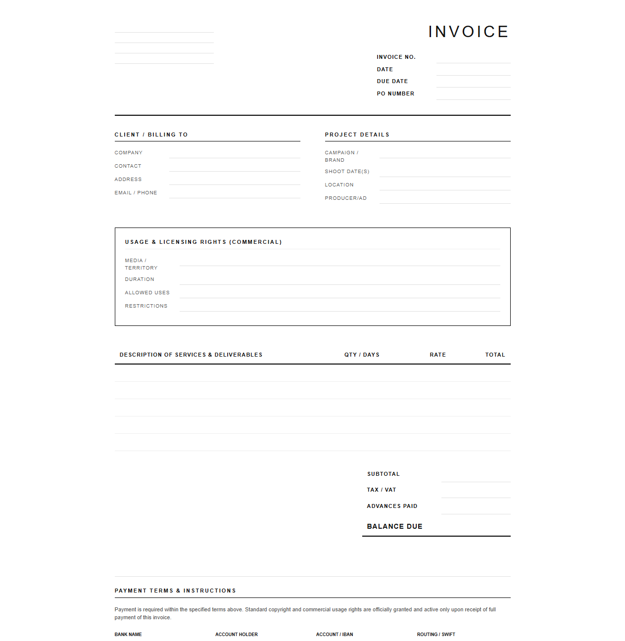 Fashion Commercial Photography Invoice