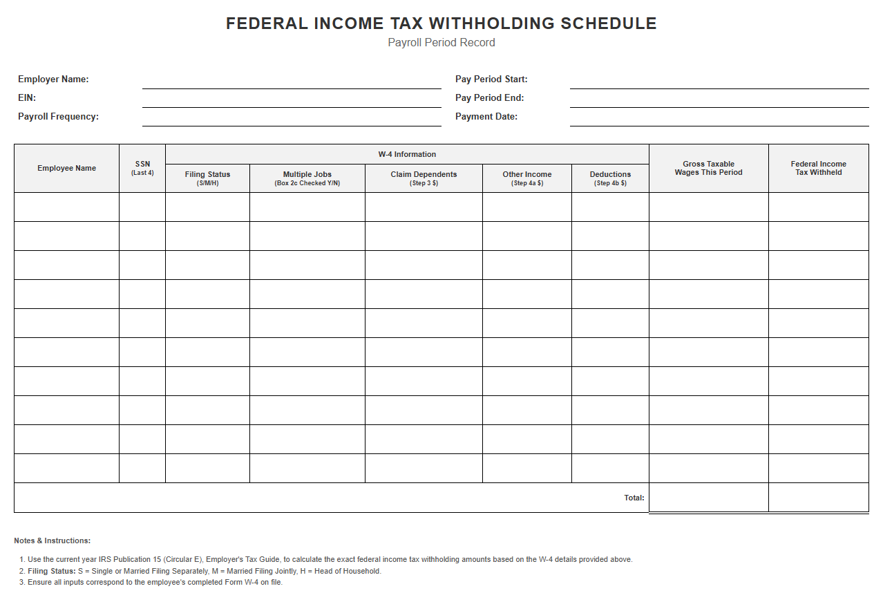 Federal Income Tax Withholding Schedule for Payroll