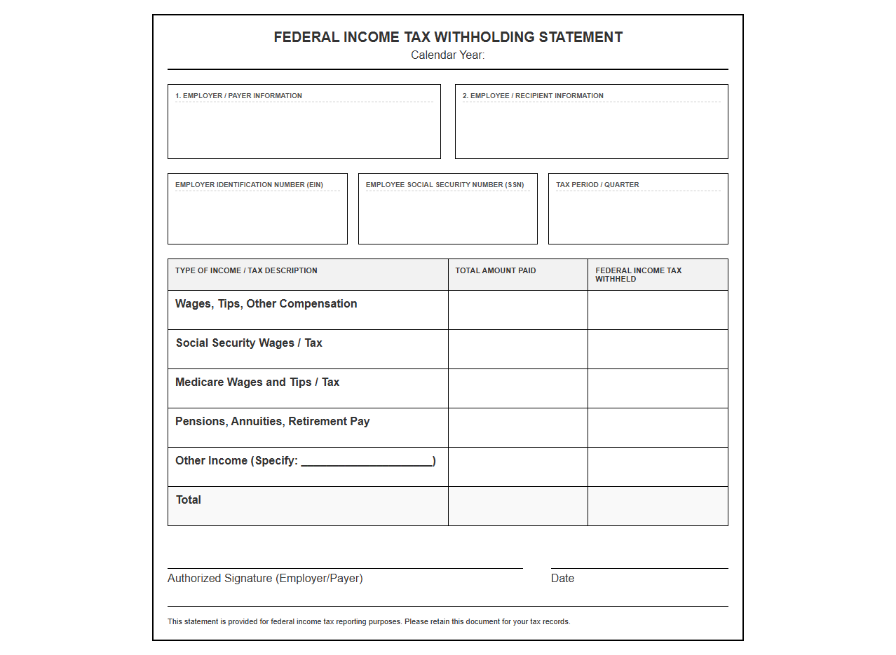 Federal Income Tax Withholding Statement Template