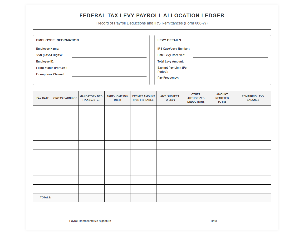 Federal Tax Levy Payroll Allocation Ledger