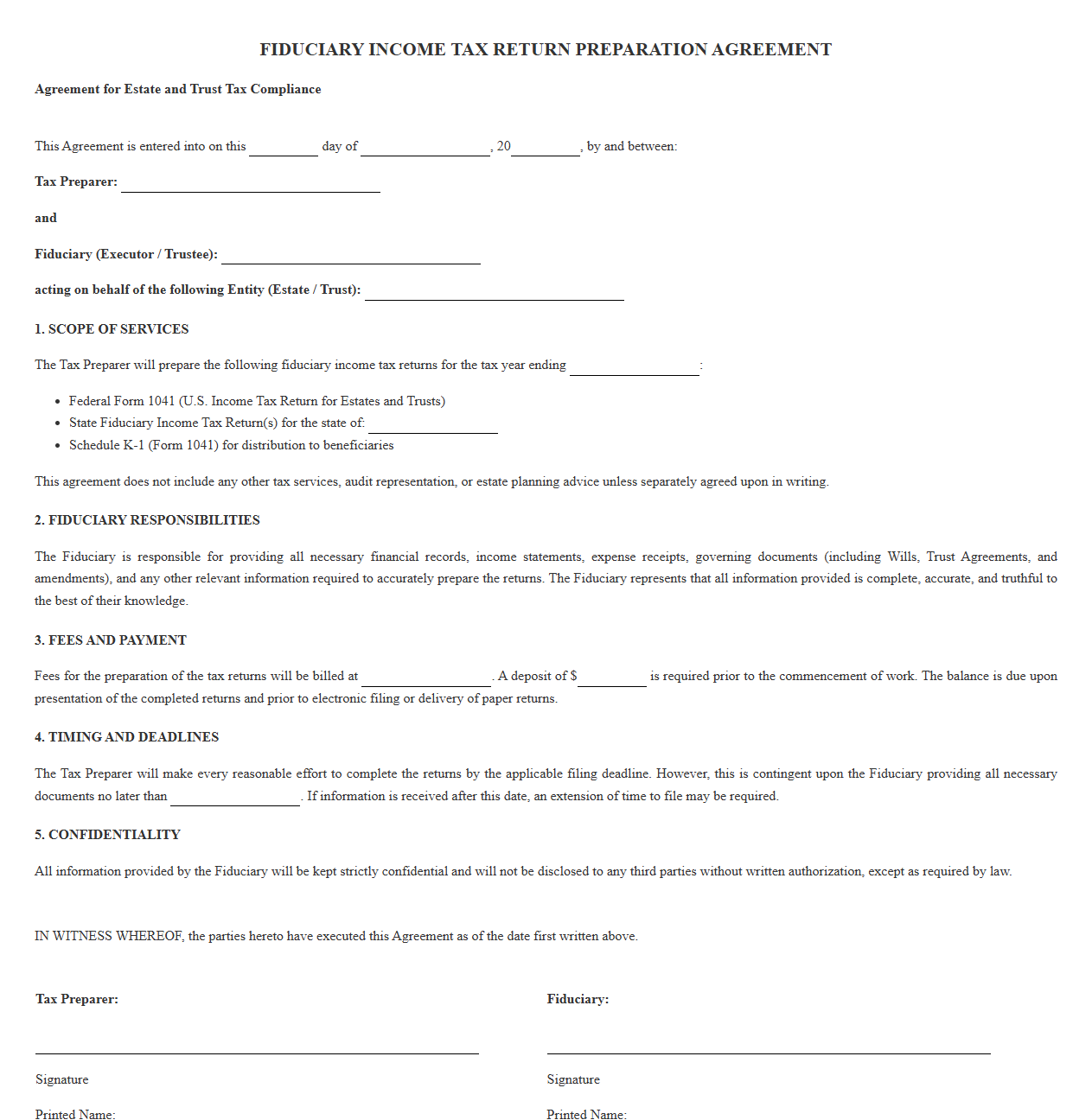 Fiduciary Income Tax Return Preparation Agreement