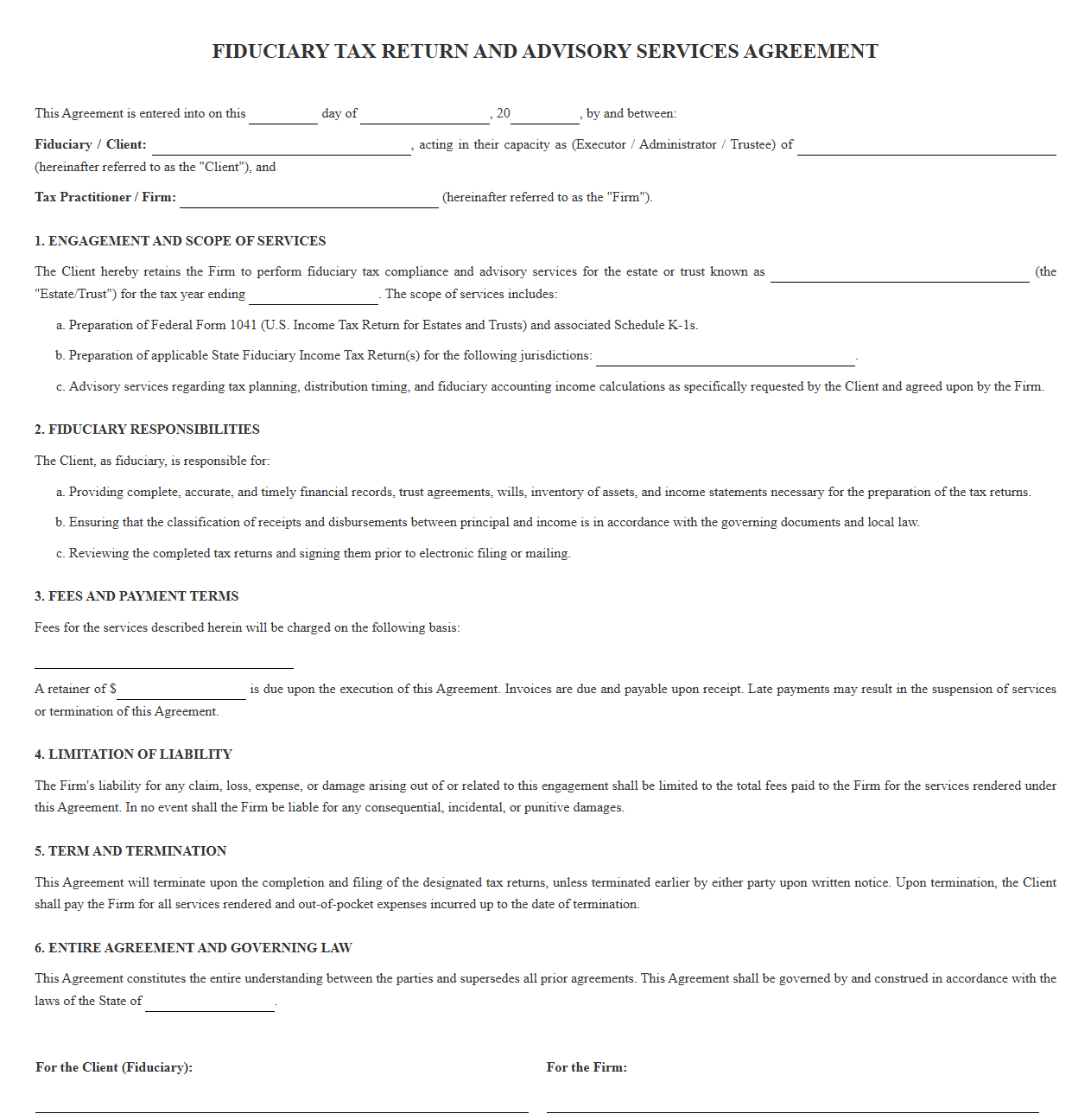 Fiduciary Tax Return and Advisory Services Agreement