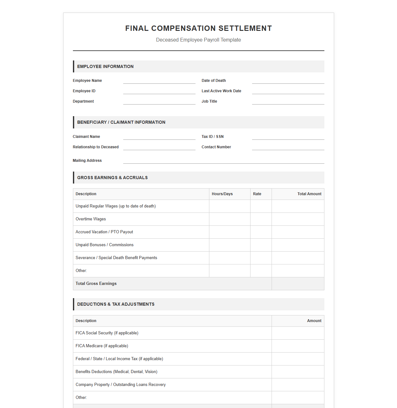Final Compensation Template for Deceased Staff