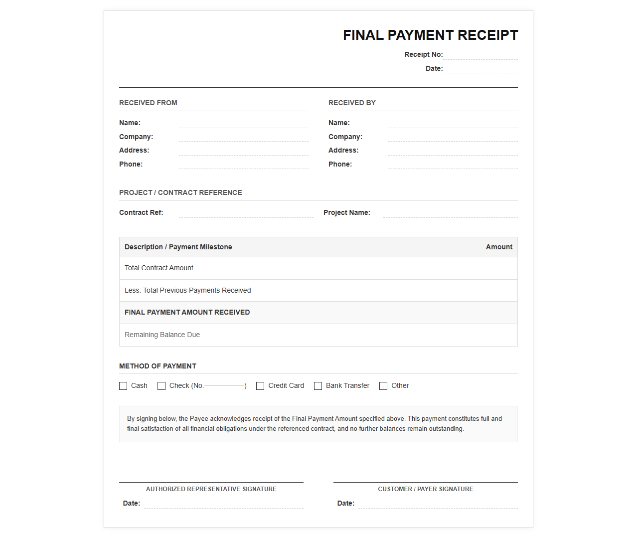Final Payment Receipt Template