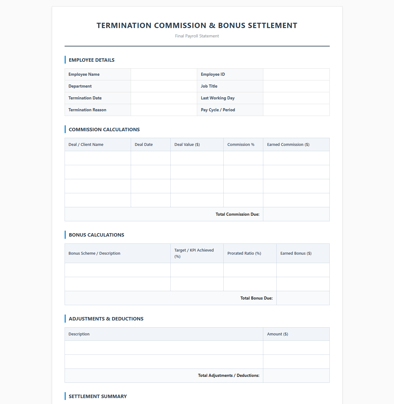 Final Payroll Termination Commission and Bonus Template