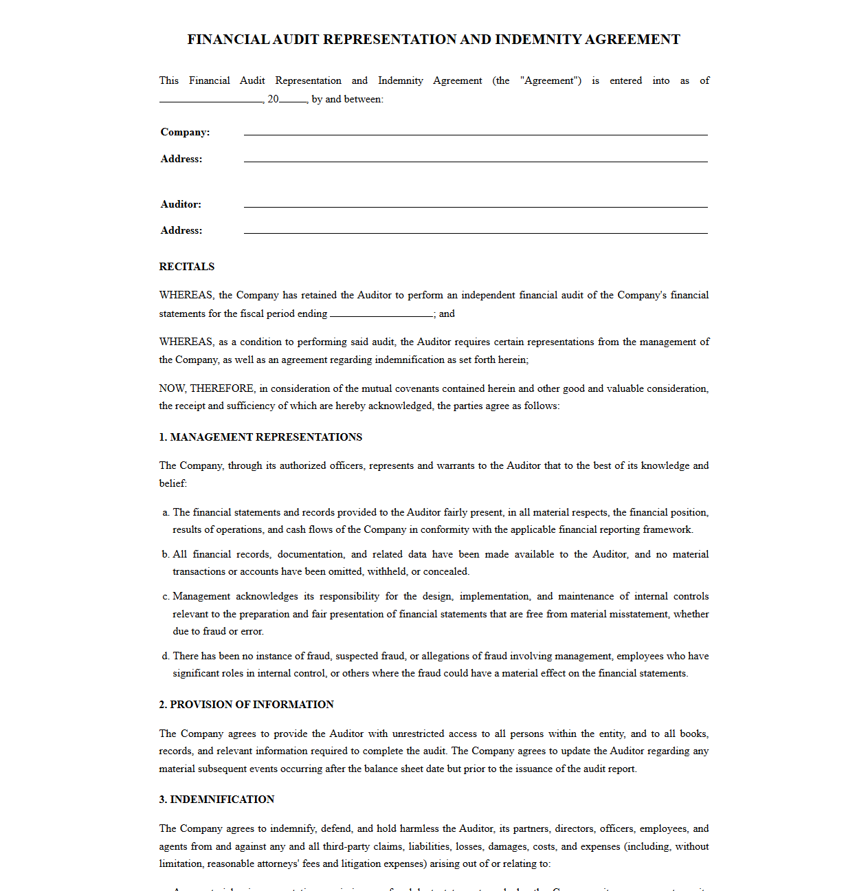 Financial Audit Representation and Indemnity Agreement