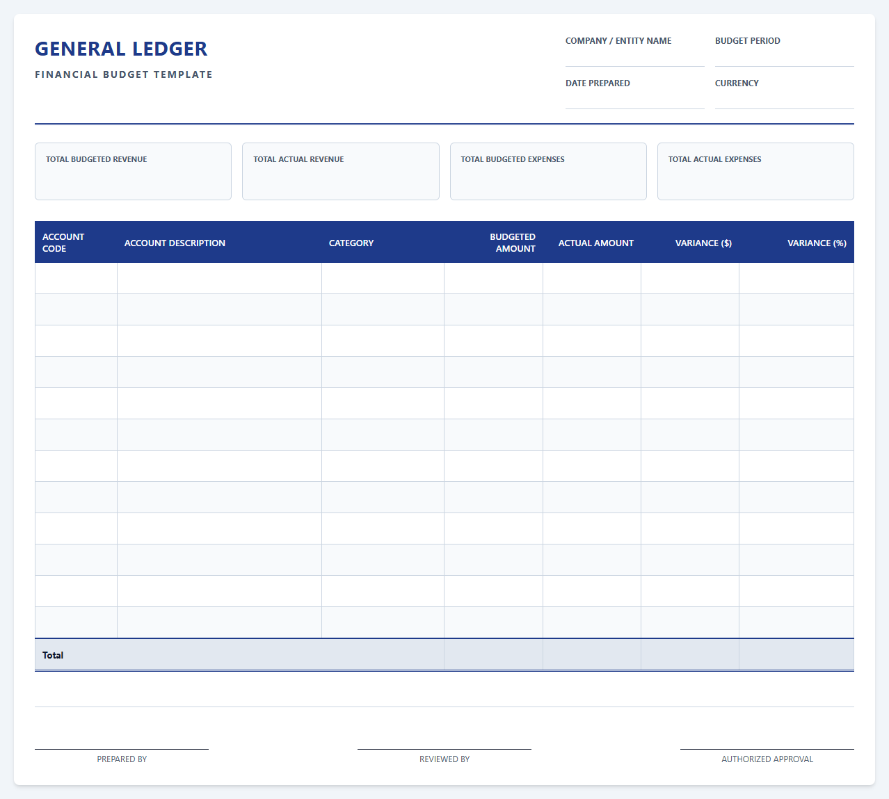 Financial Budget General Ledger Template