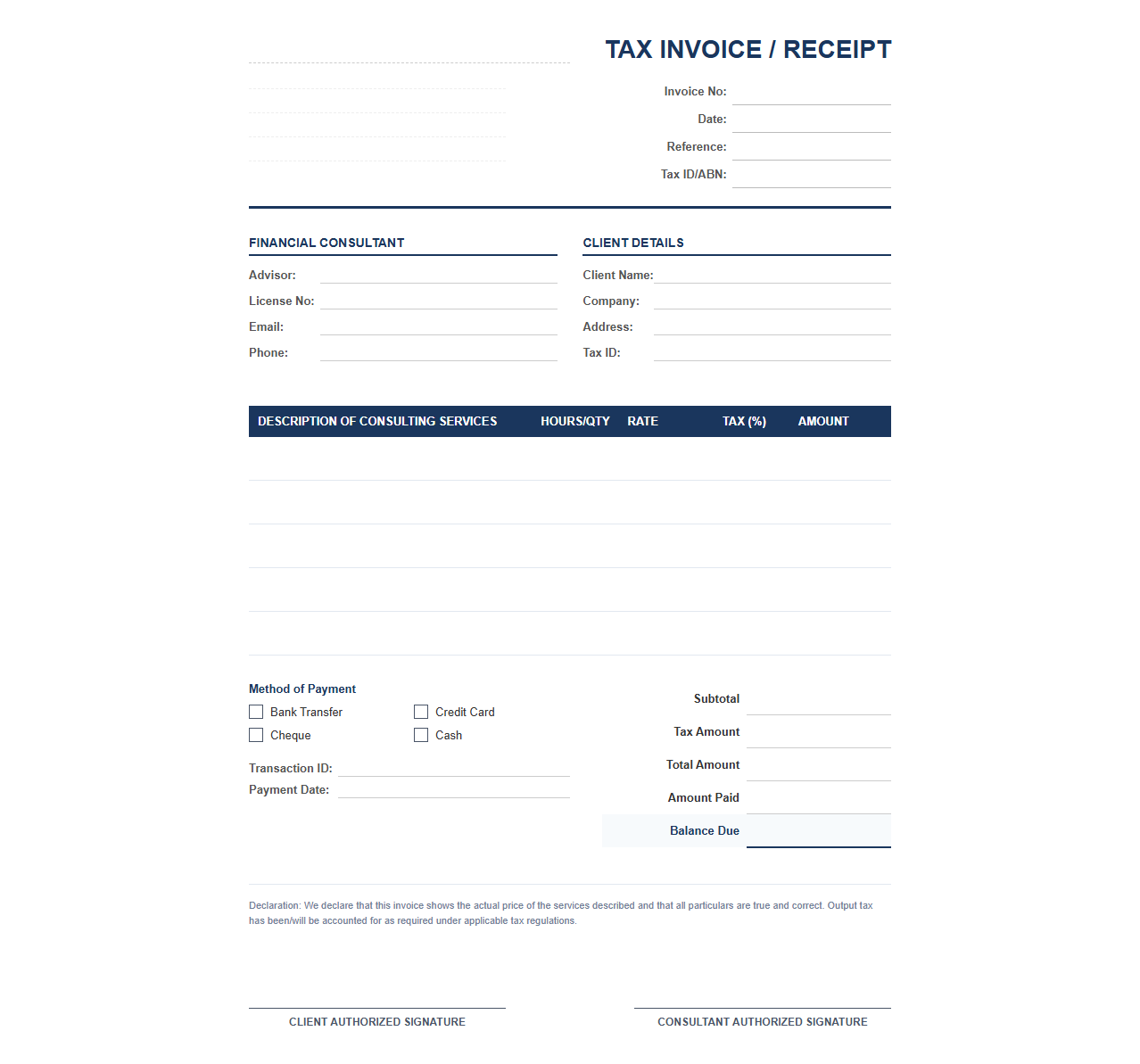 Financial Consulting Tax Invoice Receipt