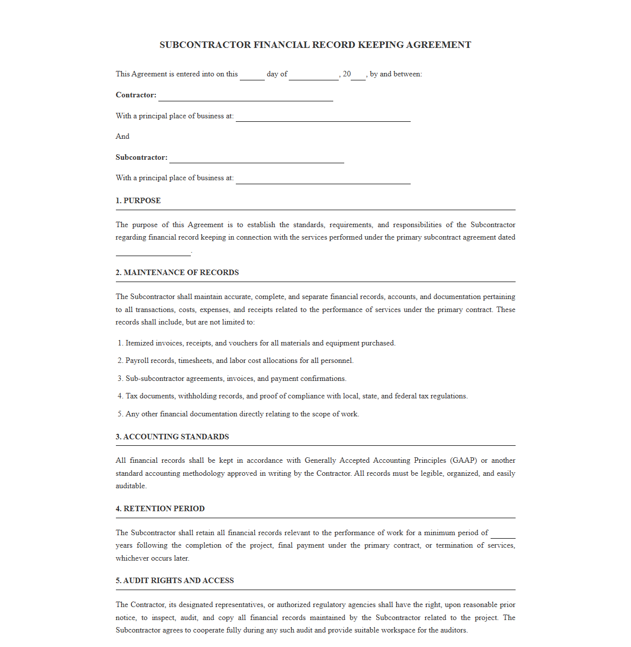 Financial Record Keeping Contract for Subcontractors