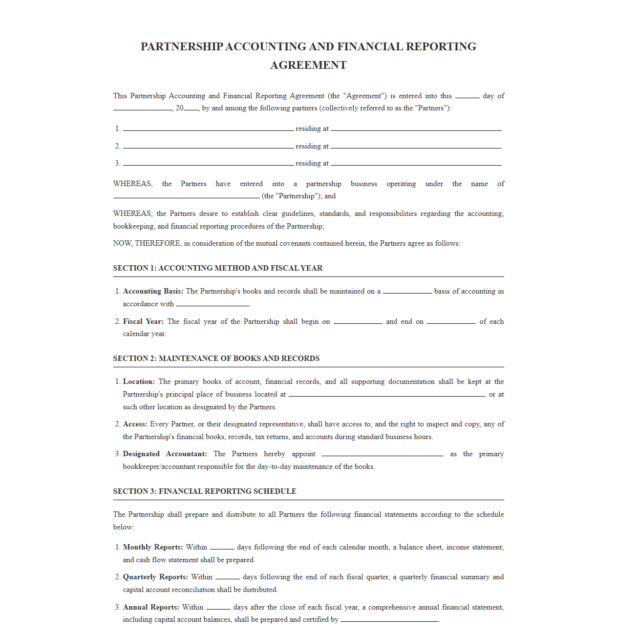 Financial Reporting and Accounting Agreement for Partners