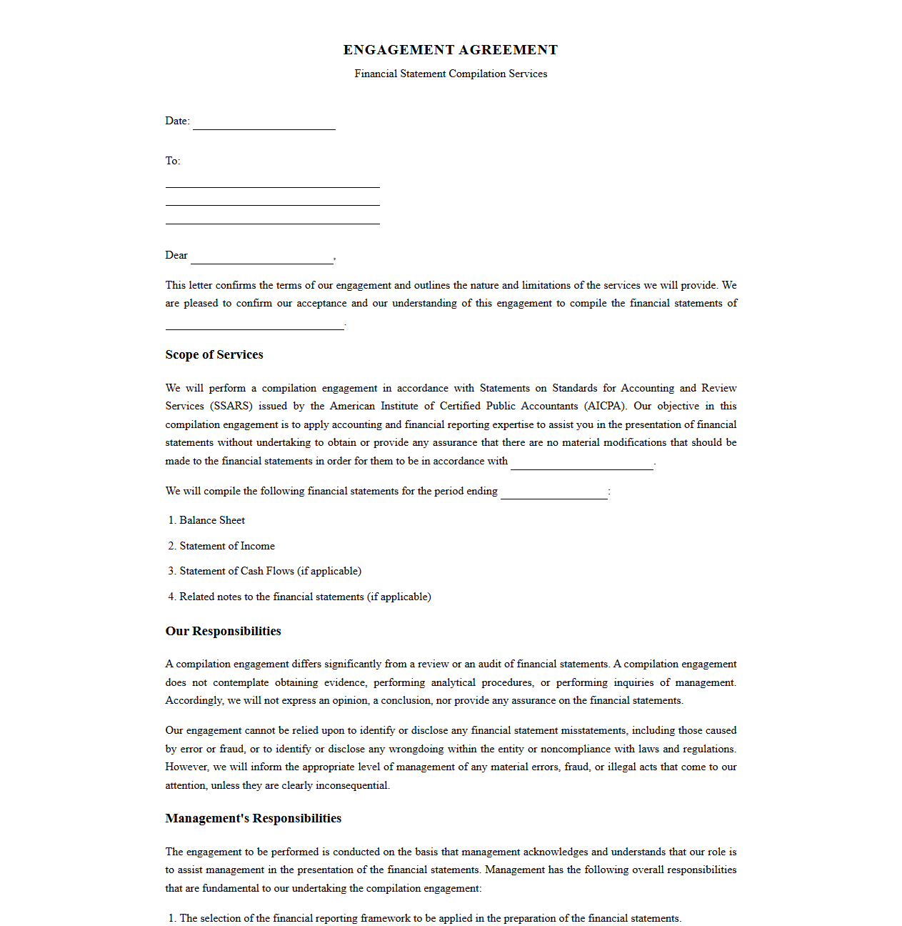 Financial Statement Compilation Engagement Letter