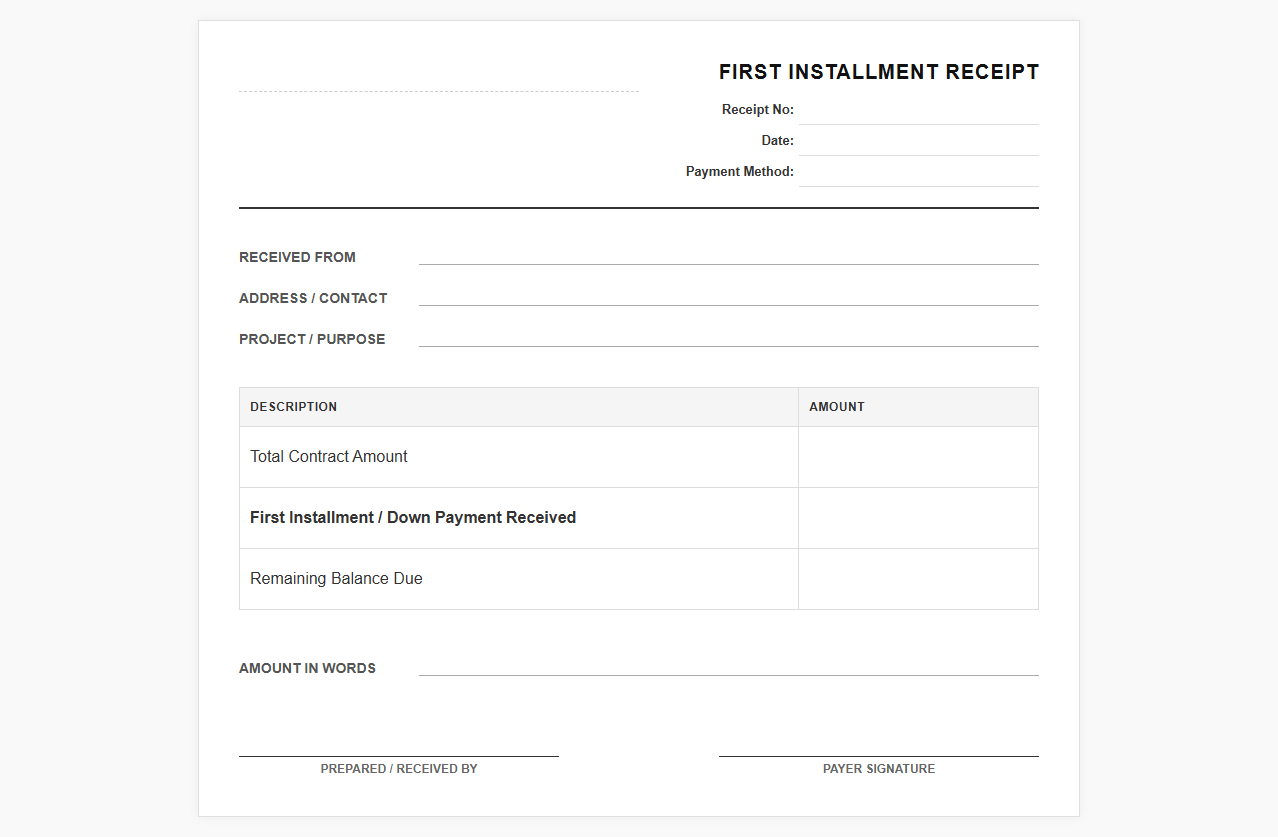 First Installment Payment Receipt Template