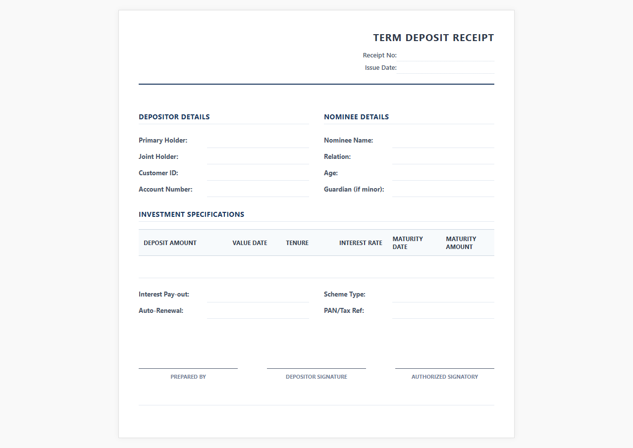 Fixed Deposit Investment Confirmation Receipt