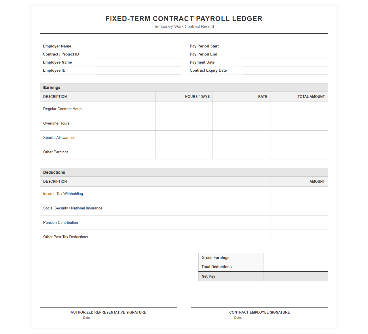 Fixed Term Contract Payroll Ledger Template