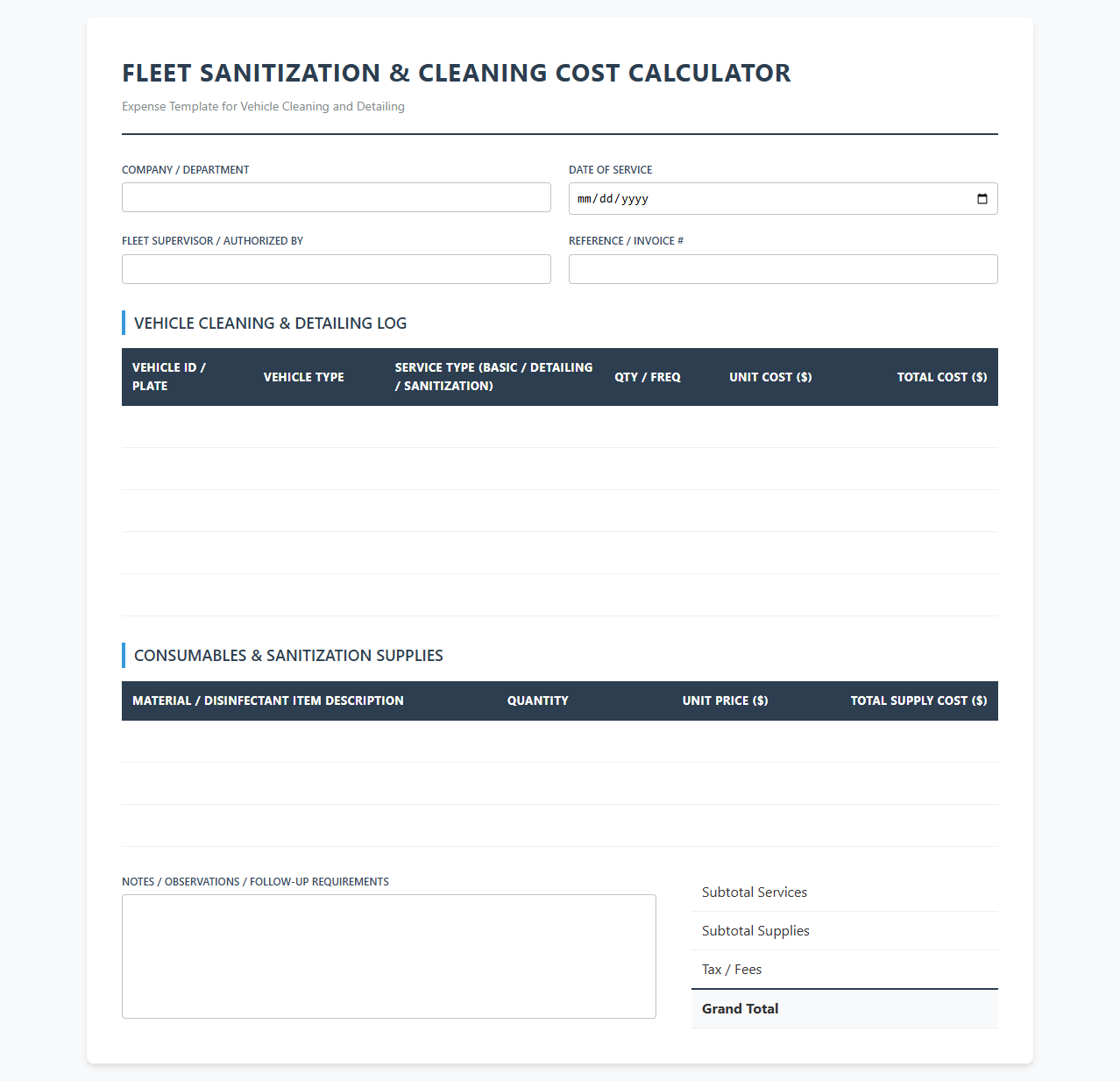 Fleet Sanitization and Cleaning Cost Calculator