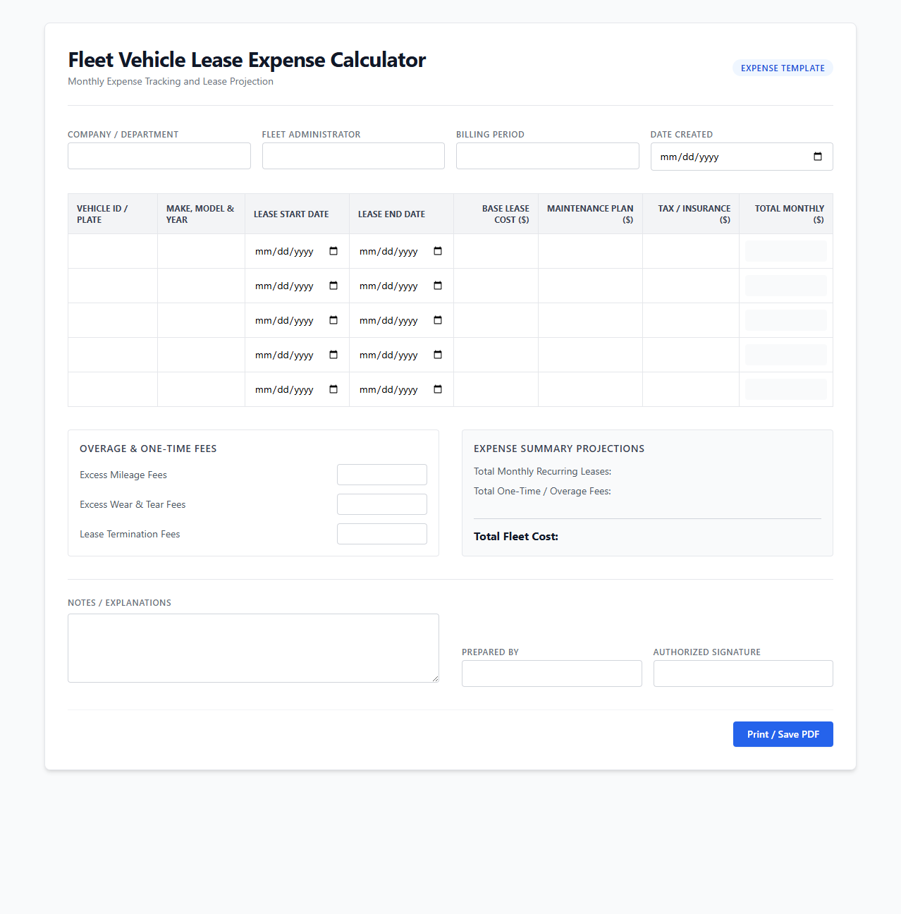 Fleet Vehicle Lease Expense Calculator