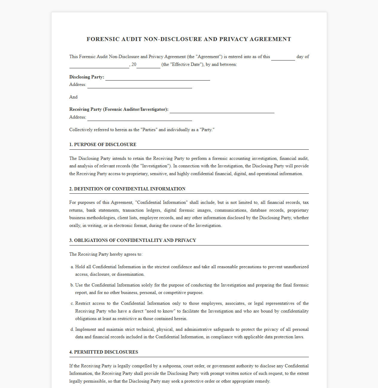 Forensic Audit Non Disclosure and Privacy Agreement
