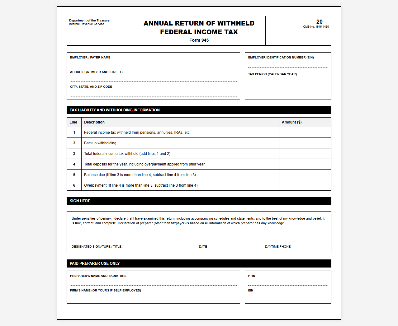 Form for Federal Income Tax Withholding Returns