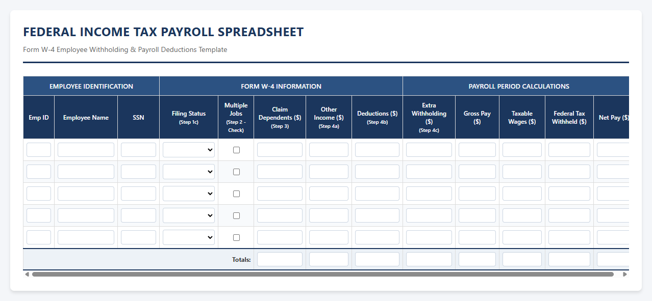 Form W-4 Federal Income Tax Payroll Spreadsheet
