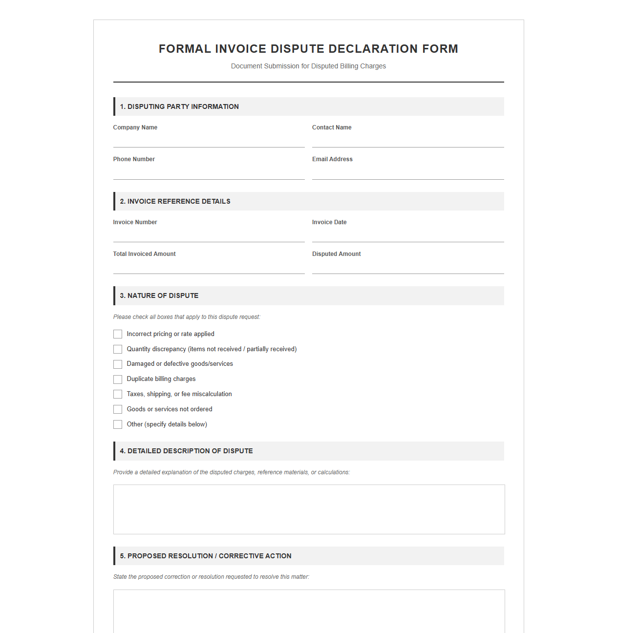 Formal Invoice Dispute Declaration Form