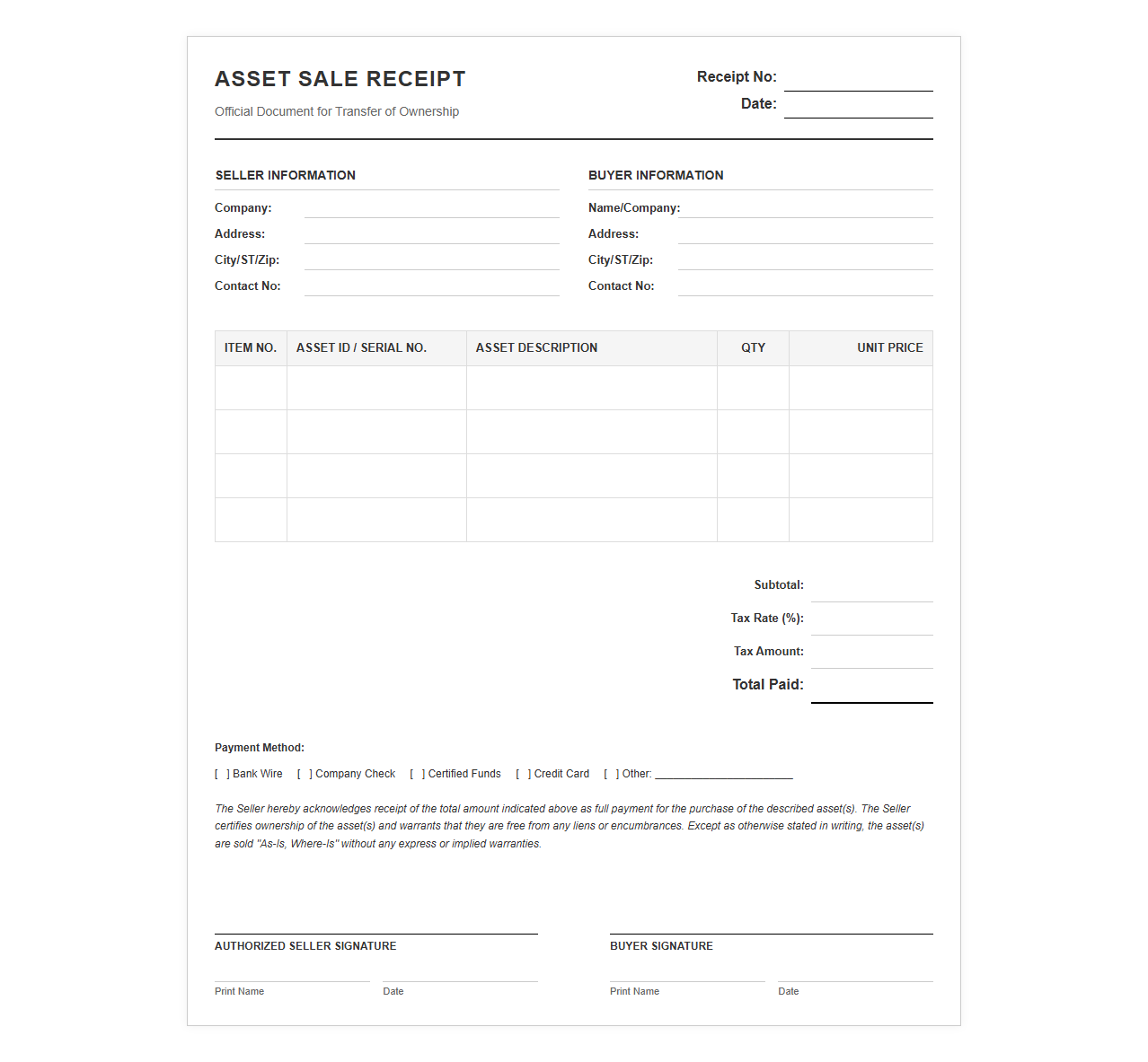 Formal Receipt for Sale of Company Assets