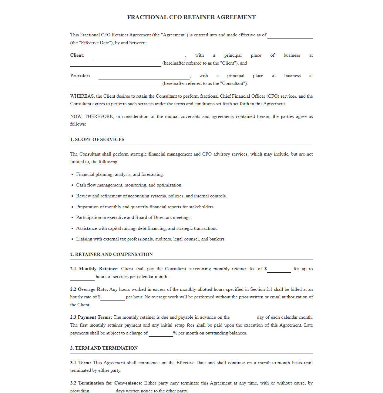 Fractional CFO Retainer Agreement Template