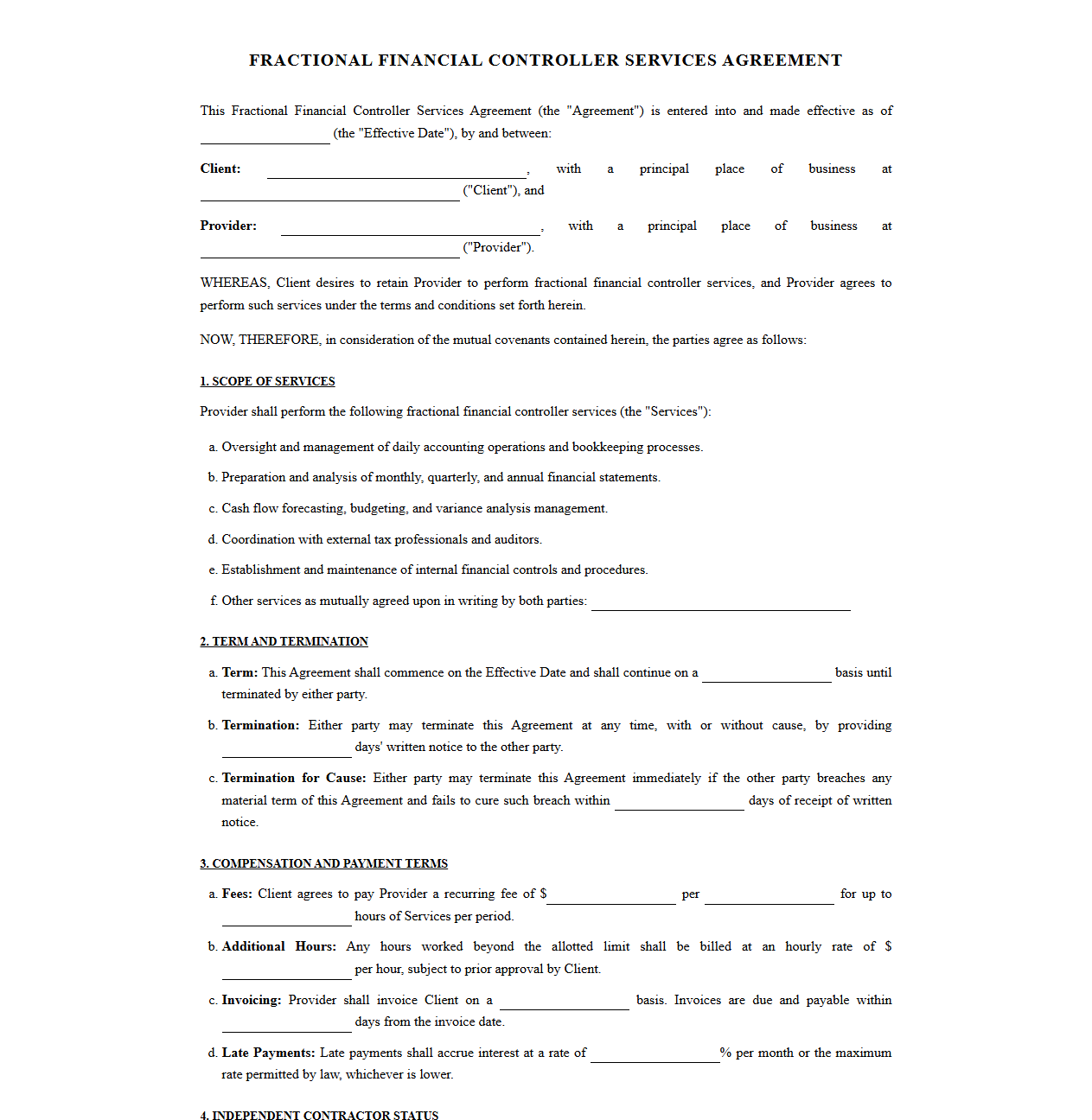 Fractional Financial Controller Services Contract Template
