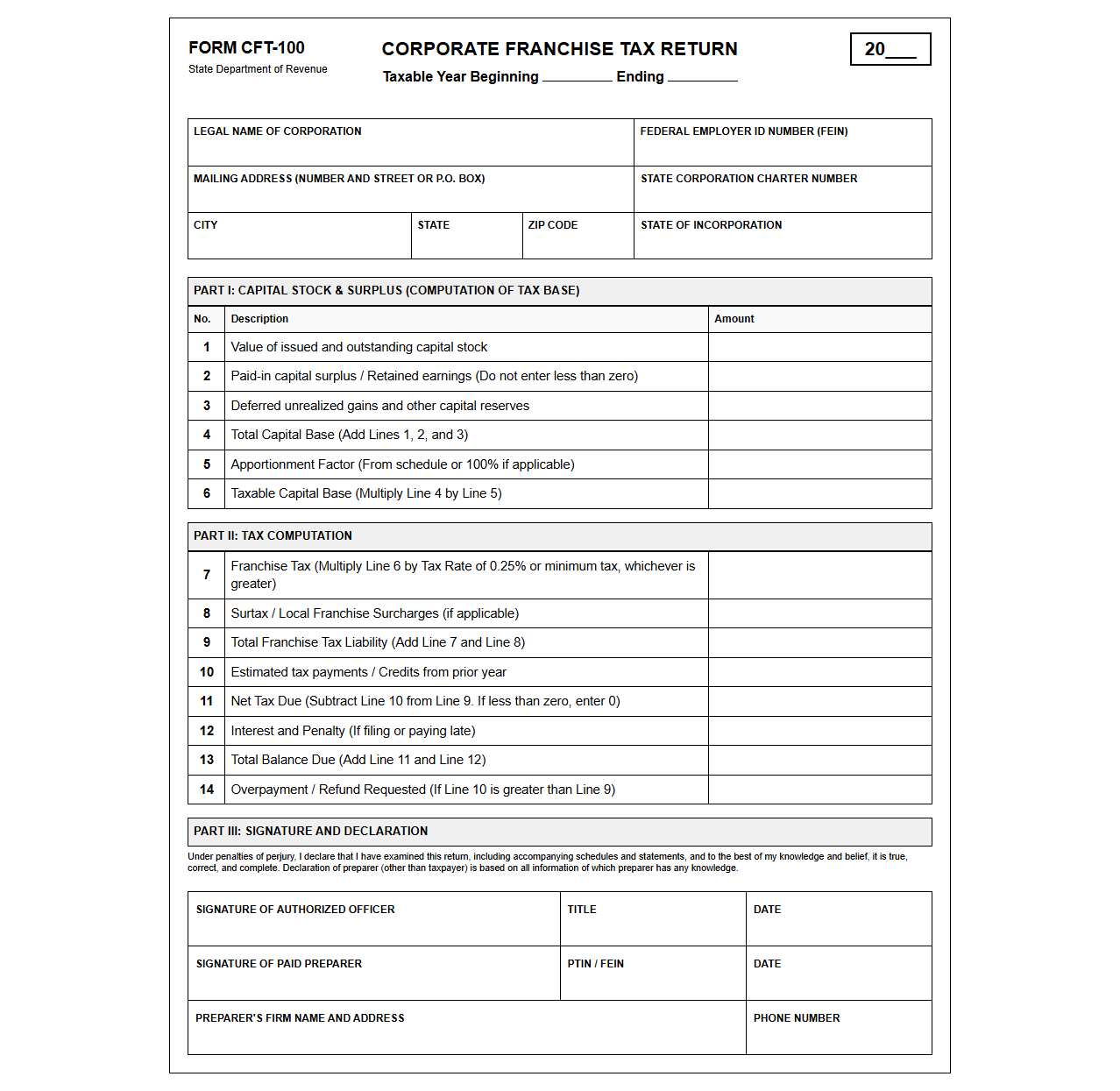 Franchise Tax Return Template for Corporations