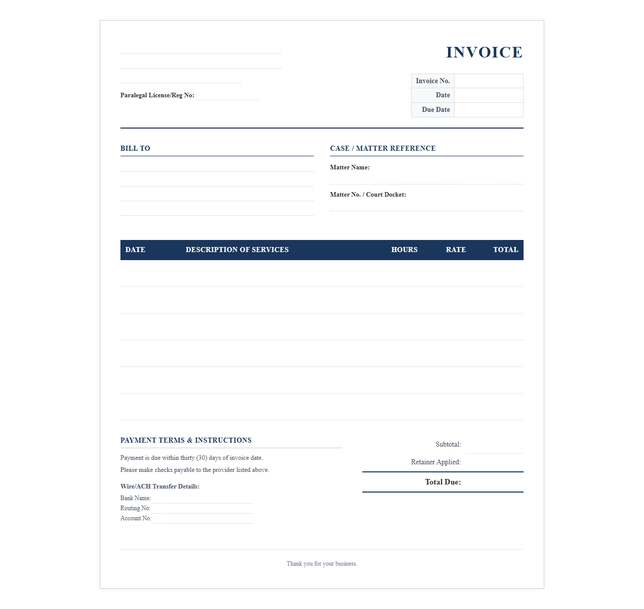 Freelance Paralegal Services Invoice Form