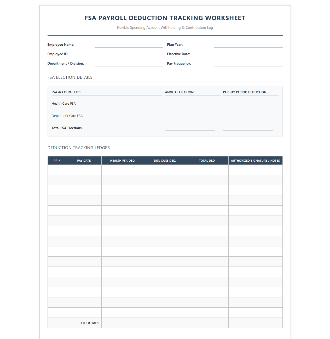 FSA Payroll Deduction Tracking Worksheet