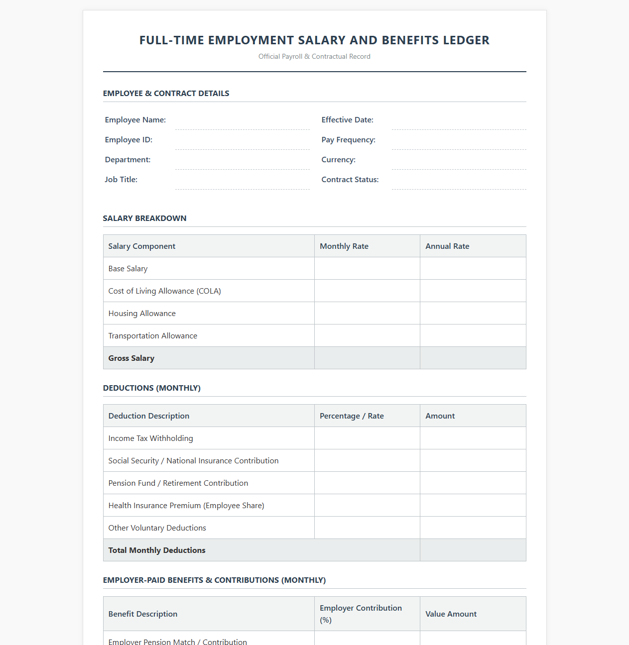 Full-Time Employment Salary and Benefits Ledger